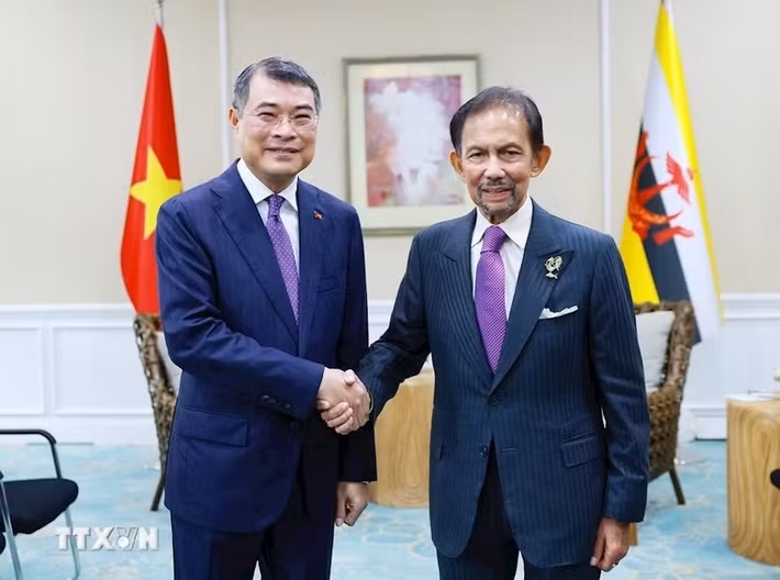 Các cuộc gặp nhằm thúc đẩy hợp tác kinh tế, thương mại, đầu tư, tăng cường liên kết khu vực, đồng thời mở rộng phối hợp trong các lĩnh vực phát triển bền vững và hội nhập quốc tế hiện nay. Trong ảnh: Thủ tướng Chính phủ Lê Minh Hưng gặp Quốc vương Brunei Haji Hassanal Bolkiah. (Ảnh: TTXVN)