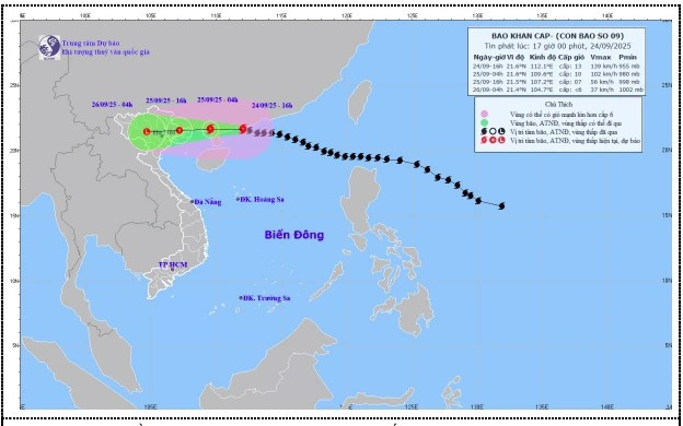 Bản đồ dự báo quỹ đạo và cường độ bão sô 9