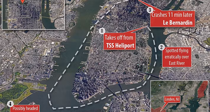 Theo Daily Mail, vụ trực thăng đâm nóc nhà cao tầng xảy ra tại trung tâm Manhattan, New York, Mỹ, vào khoảng 14h ngày 10/6 (giờ địa phương). (Nguồn ảnh: Daily Mail)