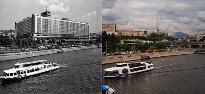 Quang cảnh sông Moskva và Khách sạn Rossiya những năm 1970 (ảnh trái). Được biết, khách sạn này được xây dựng vào những năm 1960 và bị phá dỡ năm 2006. Công viên Zaryadye sau đó được xây dựng tại khu vực khách sạn Rossiya bị phá bỏ.