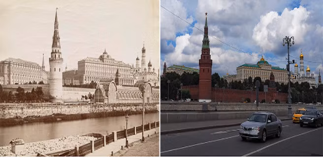 Quang cảnh Kremlin nhìn từ bờ Sofiyskaya những năm 1880 (ảnh trái) và hiện tại (phải).