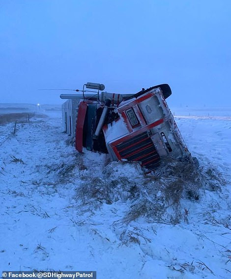 Một chiếc xe tải chở gia súc bị lật do đường trơn ở Buffalo, Nam Dakota. May mắn, tài xế không bị thương trong vụ tai nạn này.