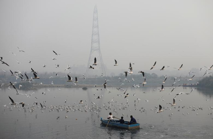 Ấn Độ: Người dân đi thuyền trên sông Yamuna vào buổi sáng đầy sương mù ngày 11/11. Được biết, Ấn Độ đối mặt với tình trạng ô nhiễm không khí nghiêm trọng trong năm qua.