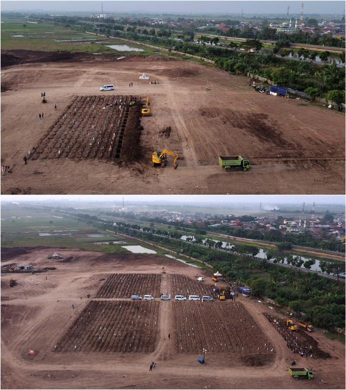 Hai bức ảnh chụp tại nghĩa trang Rorotan ở thủ đô Jakarta cách nhau 10 ngày (28/6 và 7/7) đã phần nào cho thấy mức độ tàn phá khủng khiếp của đại dịch COVID-19 ở Indonesia. (Nguồn ảnh: Reuters)