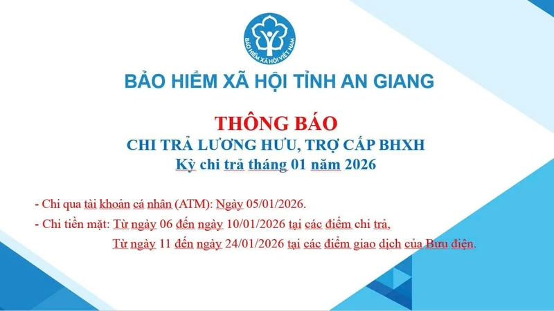 An Giang công bố lịch chi trả lương hưu, trợ cấp BHXH tháng 1/2026