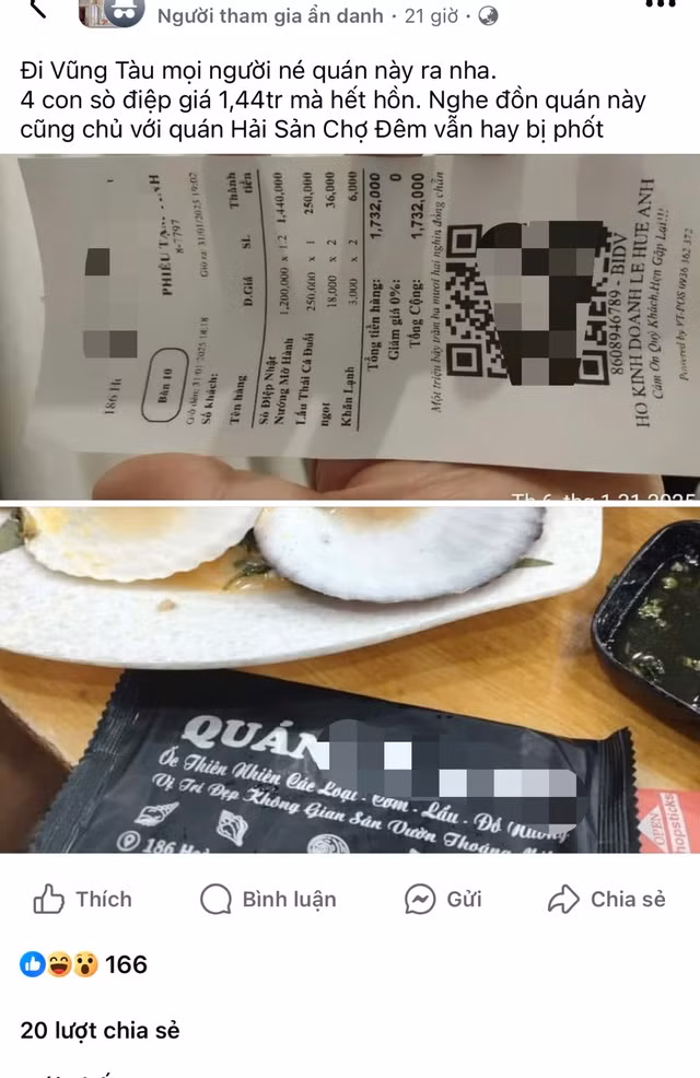 1,4 triệu 4 con sò điệp, quán ăn ở Vũng Tàu “bị soi“ 1,4 trieu 4 con so diep, quan an o Vung Tau “bi soi“