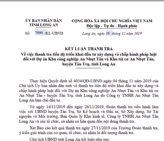 Hàng loạt sai phạm tại dự án khu công nghiệp, tái định cư ở Long An Hang loat sai pham tai du an khu cong nghiep, tai dinh cu o Long An