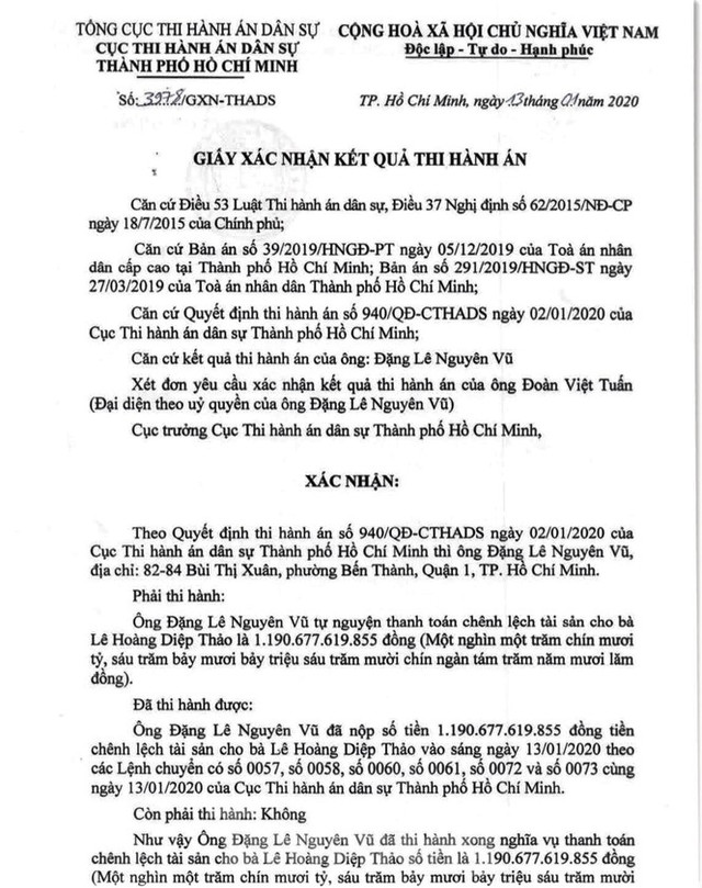 Ông Đặng Lê Nguyên Vũ đã nộp xong gần 1.200 tỷ thi hành án Ong Dang Le Nguyen Vu da nop xong gan 1.200 ty thi hanh an