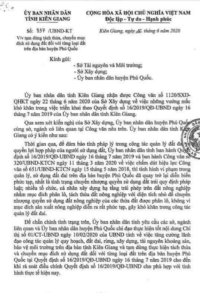 Phú Quốc tiếp tục tạm dừng tách thửa, chuyển mục đích sử dụng đất Phu Quoc tiep tuc tam dung tach thua, chuyen muc dich su dung dat