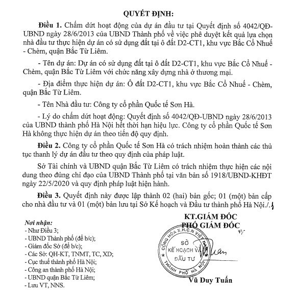 Hà Nội chấm dứt dự án nhà ở 'ôm' đất gần chục năm của Công ty Sơn Hà Ha Noi cham dut du an nha o 'om' dat gan chuc nam cua Cong ty Son Ha