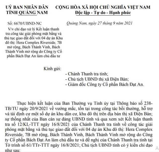 Quảng Nam gỡ vướng 4 dự án của Công ty Bách Đạt An Quang Nam go vuong 4 du an cua Cong ty Bach Dat An