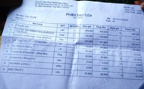 Phiếu thu tiền và những loại thuốc. Trong đó có mũi thuốc tiêm ở mục số 3 có tên Dobutamine 250mg (tăng co cơ tim) có giá 500 nghìn đồng mà theo anh Tuấn thì sau khi tiêm thuốc này vợ của mình đã trở nặng, hôn mê...sau đó tử vong.