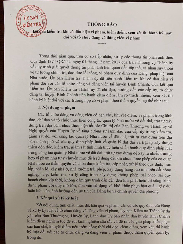 TP HCM kỷ luật hàng loạt tập thể, cá nhân liên quan vi phạm đất ở Bình Chánh TP HCM ky luat hang loat tap the, ca nhan lien quan vi pham dat o Binh Chanh