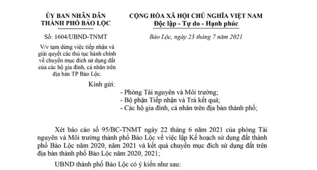 Tạm dừng thủ tục chuyển mục đích sử dụng đất tại TP Bảo Lộc Tam dung thu tuc chuyen muc dich su dung dat tai TP Bao Loc
