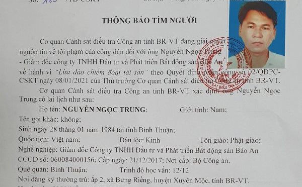 Truy tìm giám đốc Công ty bất động sản Bảo An bị tố lừa đảo Truy tim giam doc Cong ty bat dong san Bao An bi to lua dao