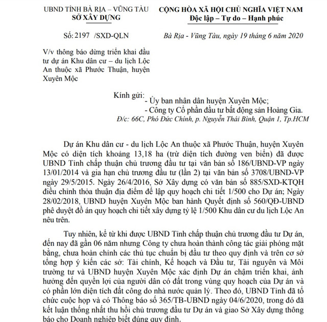 Dự án Khu dân cư du lịch Lộc An bị yêu cầu dừng thực hiện để xem xét thu hồi Du an Khu dan cu du lich Loc An bi yeu cau dung thuc hien de xem xet thu hoi