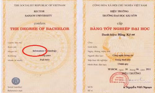 Phần thông tin tiếng Anh trên bằng Đại học cấp cho sinh viên ngành Công nghệ thông tin khóa 2007, tốt nghiệp 6/2011 của trường ĐHSG ở mục Ngành đào tạo bị thiếu chữ "R" (vòng tròn đỏ).