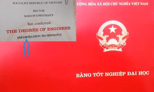 Đây là bằng Đại học mới nhất (cấp năm 2014, ảnh lớn) cũng của sinh viên Ngành Công nghệ thông tin trường ĐHSG được viết chính xác là "INFORMATION" (ảnh nhỏ).