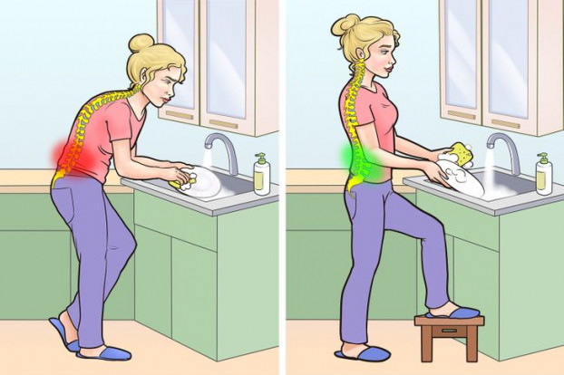 5. Rửa bát sai tư thế: Cúi gập người khi rửa bát có thể gây áp lực lên vùng lưng dưới, khiến các cơ ở khu vực này bị căng ra.Khi bạn duy trì tư thế này trong vài phút, bạn có thể bị đau lưng thường xuyên. Để tránh làm căng phần lưng dưới, hãy kê một chân lên một chiếc ghế nhỏ.