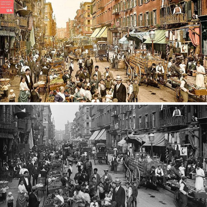 Khung cảnh náo nhiệt tại Mulberry Street, Manhattan, New York, Mỹ năm 1900. Sau khi "tô màu", bức ảnh đen trắng trở nên rực rỡ và ấn tượng.