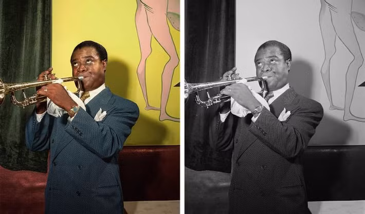 William Paul Gottlieb chụp ảnh nghệ sĩ, nhà soạn nhạc, ca sĩ và diễn viên người Mỹ Louis Armstrong trong khaonrg năm 1938 - 1948. Sau khi được Mario Unger chỉnh màu, bức ảnh gây chú ý nhiều hơn.
