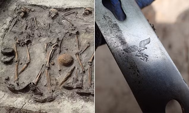 Bên cạnh họ là một số đồ vật như súng trường, dao găm, huy chương, các đồ vật mang biểu tượng của phát xít Đức như hình chữ Vạn, chim đại bàng.