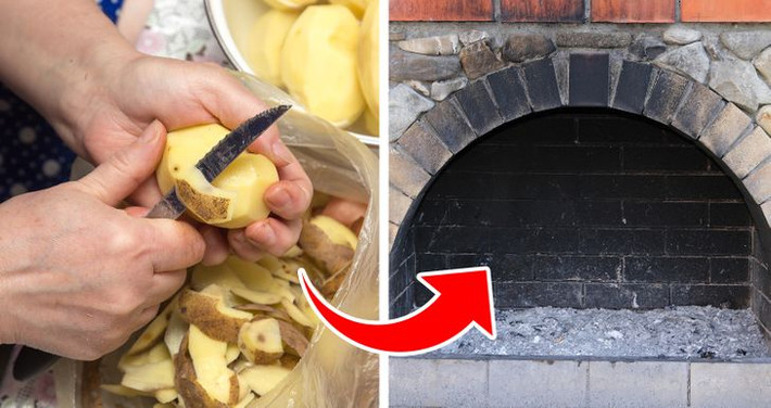 4. Vỏ khoai tây: Cách dễ nhất để làm sạch lò sưởi là đốt một ít vỏ khoai tây trong đó. Để vỏ khoai tây khô trong tối đa 48 giờ vì vỏ ẩm sẽ không có tác dụng đối với phương pháp làm sạch này. Trải vỏ khoai tây lên khay lò sưởi để đốt.