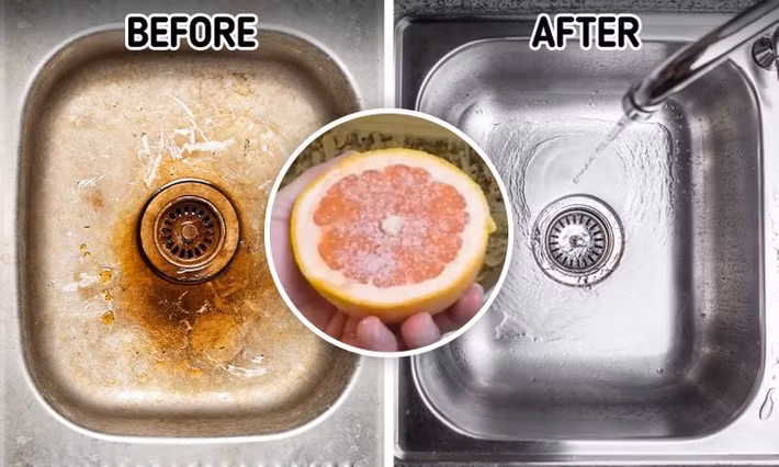 6. Bưởi: Một quả bưởi lớn và một ít muối đá là những công cụ thân thiện với môi trường có thể làm sạch bồn rửa bát trông như mới. Cắt đôi quả bưởi và rắc muối lên trên. Làm ướt bồn rửa của bạn, rắc phần muối còn lại xung quanh đáy và chà bưởi xung quanh bồn.