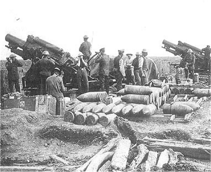 Những vụ pháo kích ồ ạt nhằm phá hủy các chiến hào và tiêu diệt binh sĩ ở đó. Mức độ nguy hiểm của pháo binh khủng khiếp đến mức xuất hiện thuật ngữ "hội chứng sốc bởi đạn pháo" (shell shock) để mô tả triệu chứng của những người sống sót sau các vụ pháo kích vô cùng nguy hiểm.