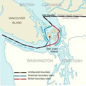 Tuy nhiên, vào thời điểm trên, giới chức Mỹ và Anh không đề cập tới vấn đề phân chia chủ quyền của mỗi nước đối với đảo San Juan. Chính điều này khiến Mỹ và Anh đều tuyên bố chủ quyền với đảo San Juan. Vào năm 1859, trong khi Mỹ đưa người dân đến sống ở phía nam hòn đảo thì người Canda thuộc Anh sinh sống ở phía bắc đảo.