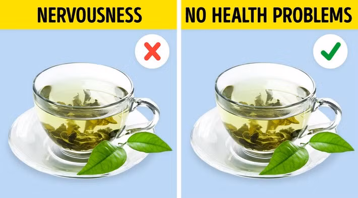 Trà xanh: Cùng với caffeine, trà xanh chứa các chất kích thích như theobromine và theophylline có thể gây nhịp tim nhanh và cảm giác căng thẳng và lo âu.