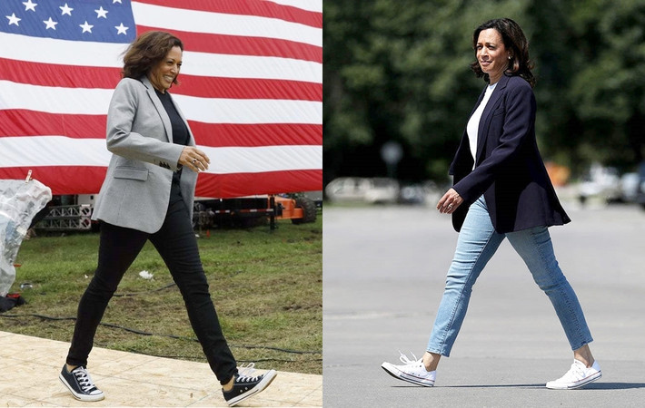 Ngoài các buổi tọa đàm, cuộc họp cấp cao đòi hỏi sự trang trọng, Kamala Harris buộc phải sử dụng giày cao gót thì vị Phó tổng thống này thường chọn giày Converse Chuck Taylor All-Stars hoặc giày bốt Timberland để phối cùng suit hoặc các set đồ mang hơi hướng casual và workwear.