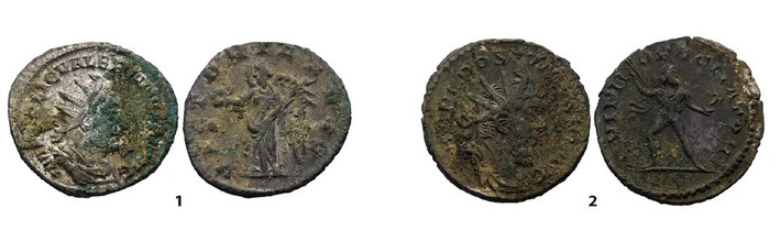 Những đồng tiền cổ nhất có khắc chân dung hoàng đế La Mã Gordianus III (trị vì từ năm 238 - 244). Trong khi đó, những đồng tiền "nhỏ tuổi" hơn khắc họa chân dung hoàng đế Victorinus của đế quốc Gallia (trị vì từ năm 269 - 271). Các nhà khảo cổ hiện chưa rõ các mảnh bạc được tìm thấy từng được sử dụng làm gì.