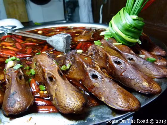 Đầu vịt: Những chiếc đầu vịt hầm được bày bán ở khắp mọi nơi trên đường phố của Trung Quốc. Nhìn cũng thấy không có bao nhiêu thịt bám trên chiếc đầu vịt được hầm cùng với nhiều loại gia vị và đặc biệt là ớt này. Tuy nhiên, đây là món ăn vặt rất được ưa thích ở Trung Quốc.