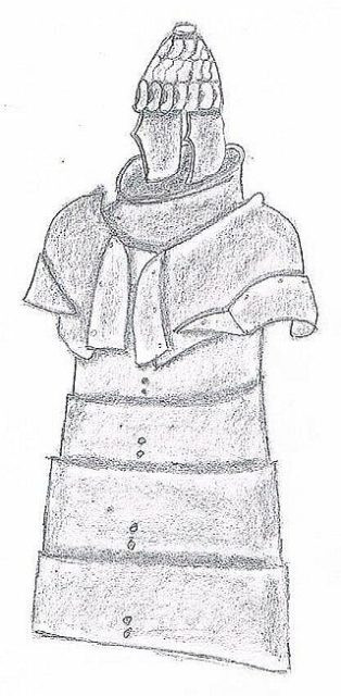 Bản sao bộ áo giáp gồm mũ đội đầu gắn nanh lợn rừng trong khi phần áo bao gồm nhiều miếng đồng kết lại với nhau. Trong suốt nhiều năm, giới nghiên cứu tò mò không biết bộ áo giáp này có đủ chắc chắn để bảo vệ binh sĩ khi giao chiến với kẻ thù.