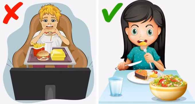 Vừa ăn vừa xem TV hoặc điện thoại: Các nhà nghiên cứu cho biết việc bị phân tâm trong bữa ăn khiến bạn ăn nhiều hơn. Trong khi đó, chú ý đến bữa ăn của bạn sẽ giúp bạn thưởng thức bữa ăn nhiều hơn và kiểm soát lượng thức ăn.