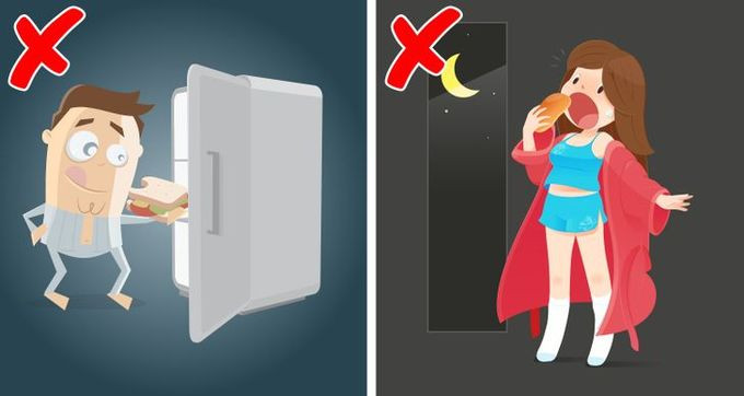 Ăn tối muộn: Các nghiên cứu cho rằng bạn nên tránh ăn muộn nếu không muốn tăng cân. Khi bạn ăn muộn, cơ thể chắc chắn sẽ lưu trữ những calo đó dưới dạng chất béo thay vì đốt cháy chúng. Một bữa ăn nhẹ vào buổi tối có thể chấp nhận, nhưng hãy cố gắng tránh xa đồ ăn trước khi đi ngủ.