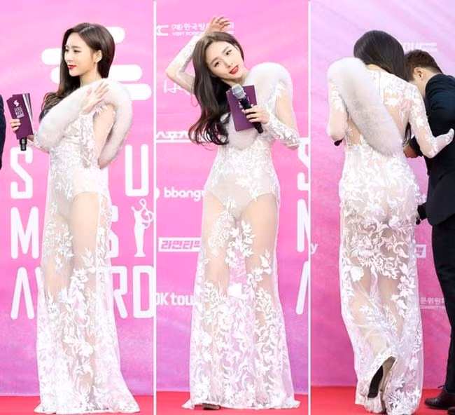 Hoa hậu Hàn Quốc 2018 Kim Soo Min xuất hiện trên thảm đỏ lễ trao giải Korea Drama Awards, nhận được nhiều sự chú ý của truyền thông và công chúng Hàn Quốc.