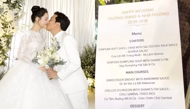 Tối ngày 25/9/2018, đám cưới của danh hài Trường Giang và Nhã Phương đã chính thức diễn ra tại trung tâm tổ chức tiệc cưới GEM Center tại quận 1, TP HCM. Ngoài không gian đám cưới của cặp đôi khiến không ít người phải ghen tỵ thì điều khiến nhiều người bất ngờ chính là thực đơn trong đám cưới của nam danh hài.