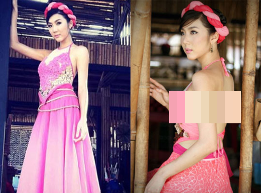 Ngọc Quyên đã diện chiếc áo yếm cách tân "quá thiếu vải" khiến cô để lộ gần trọn vòng một từ góc nghiêng.