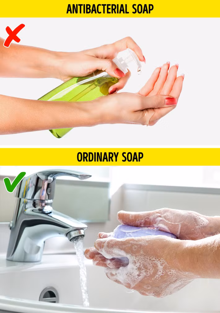 Sản phẩm có đặc tính kháng khuẩn: Nhiều nhà sản xuất sản phẩm kháng khuẩn sử dụng một nguyên tố gọi là triclosan trong các sản phẩm của họ. Triclosan không chỉ có hại cho môi trường mà còn cho sức khỏe của chúng ta. Các nghiên cứu đã chỉ ra rằng các sản phẩm có chứa triclosan (có thể là dầu gội, kem đánh răng và nay cả mỹ phẩm) gây ung thư gan ở chuột.