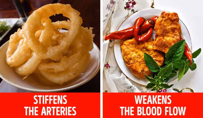 Chất béo chuyển hóa làm suy yếu lưu lượng máu đến da: Chất béo chuyển hóa có thể được tìm thấy trong thức ăn nhanh, đồ chiên rán, bơ thực vật... Những thực phẩm này không chỉ làm tăng nguy cơ phát triển bệnh tim, mà còn làm cứng động mạch hoặc co thắt các mạch máu. Điều này làm suy yếu lưu lượng máu đến da và gây ra lão hóa nhanh và nếp nhăn. 