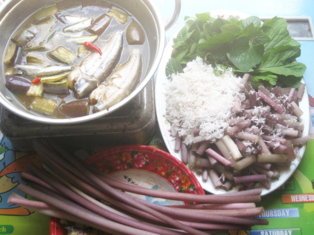 Ăn mắm kho bông súng đúng cách phải ngồi ăn dưới đất. Bông súng để nguyên cọng dài, dùng tay bẻ nùi bỏ vào chén, chan nước mắm kho lên cho ngập bông súng, thêm mấy con tép màu đỏ làm tăng thêm phần hấp dẫn rồi lấy đũa lùa vào miệng, từ từ nhai cho thấm vào tận chân răng. Đây là món ăn đặc sản đáng để mọi người thưởng thức. Ảnh: Internet.