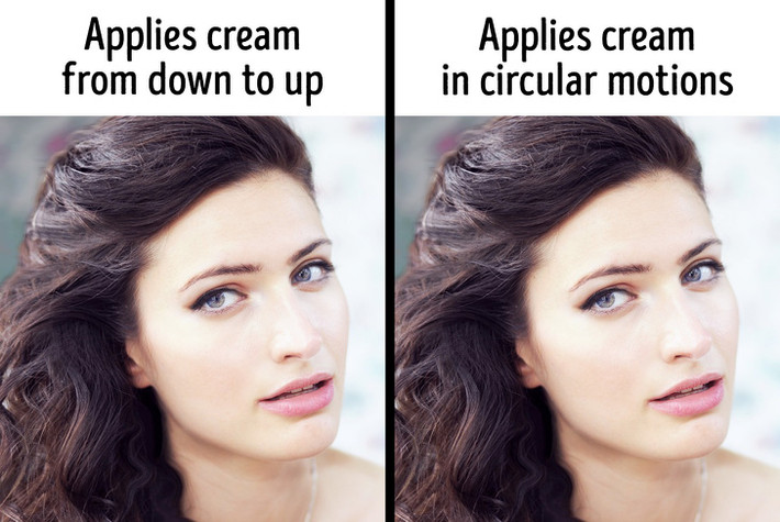 Cách tán kem dưỡng ẩm không đều: Khi bạn thoa kem từ vị trí giữa khuôn mặt đẩy ra hai phía, kem dưỡng sẽ bị dồn và dư lại ở mang tai, xương hàm. Các lớp kem thừa này có thể gây tắc lỗ chân lông, khiến dầu và mụn xuất hiện.