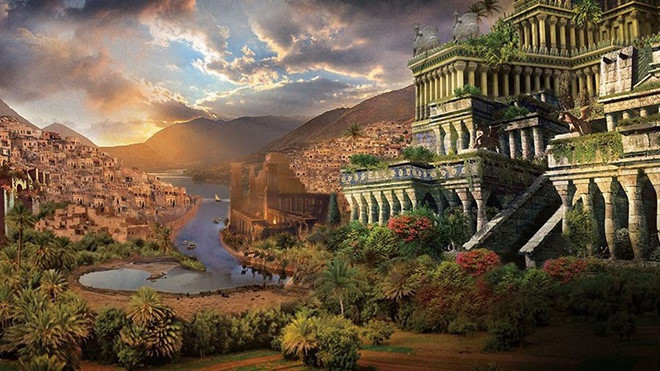  Vườn treo Babylon: Đây là công trình do vua Nebuchadrezzar II xây dựng năm 603 TCN ở Iraq để tặng cho người vợ mà ông rất yêu quý giúp bà vơi nỗi nhớ xứ Medes quê nhà. Vườn treo có hệ thống đài phun nước gồm hai bánh xe lớn liên kết với nhau bằng dây xích có gắn thùng gỗ. Khi bánh xe quay, dây xích và thùng nước cũng chuyển động đưa nước ở bể phía dưới lên cao tưới cho cây. Nguyên nhân dẫn tới sự biến mất của kỳ quan này cho đến nay vẫn còn là bí ẩn, kể cả địa điểm tồn tại của nó.