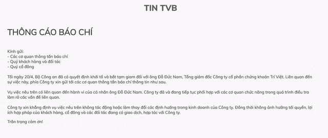 Chứng khoán Trí Việt lên tiếng khi CEO bị bắt với cáo buộc thao túng giá cổ phiếu Chung khoan Tri Viet len tieng khi CEO bi bat voi cao buoc thao tung gia co phieu