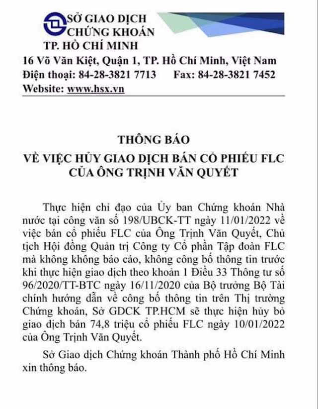 HoSE huy giao dich ban 75 trieu co phieu FLC cua ong Trinh Van Quyet