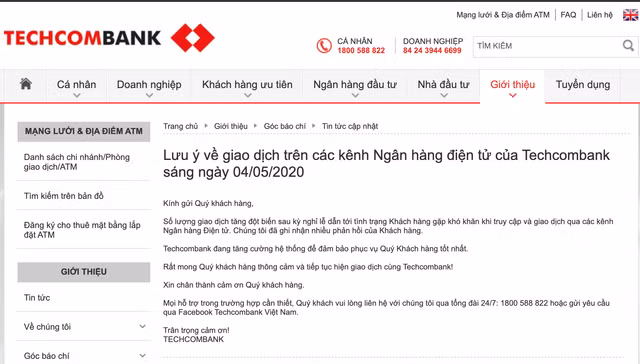 Hệ thống tê liệt, khách hàng Techcombank không thể giao dịch điện tử? - Hình 2 He thong te liet, khach hang Techcombank khong the giao dich dien tu?-Hinh-2