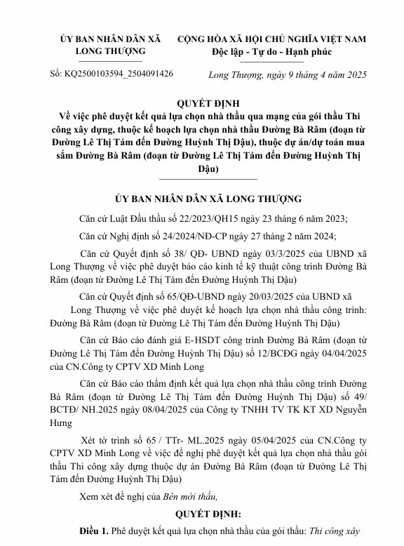 Long An: Khong canh tranh, Cty Minh Tung trung goi thau thi cong duong Ba Ram