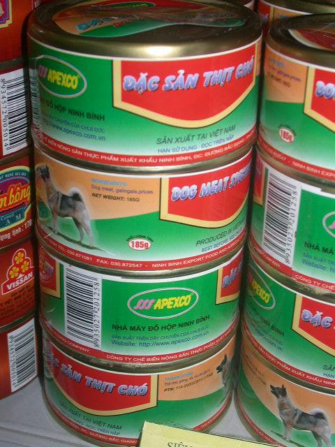 Thịt chó còn được đóng hộp xuất khẩu ra nước ngoài. Thịt chó còn được đóng hộp xuất khẩu ra nước ngoài.